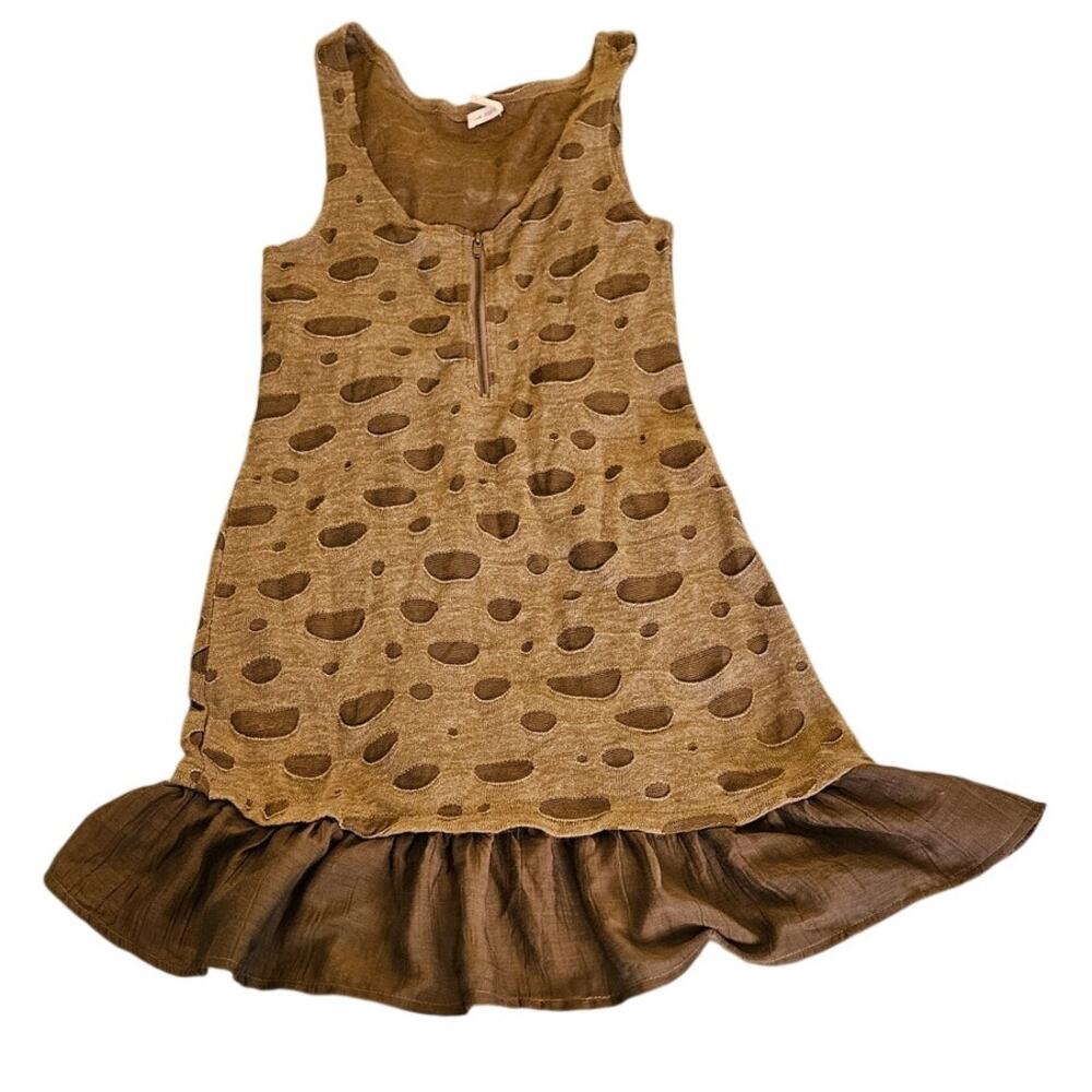 Blue Bird Tank Dress Small Brown Semi Sheer Metallic Ruffle Hem Zip Front